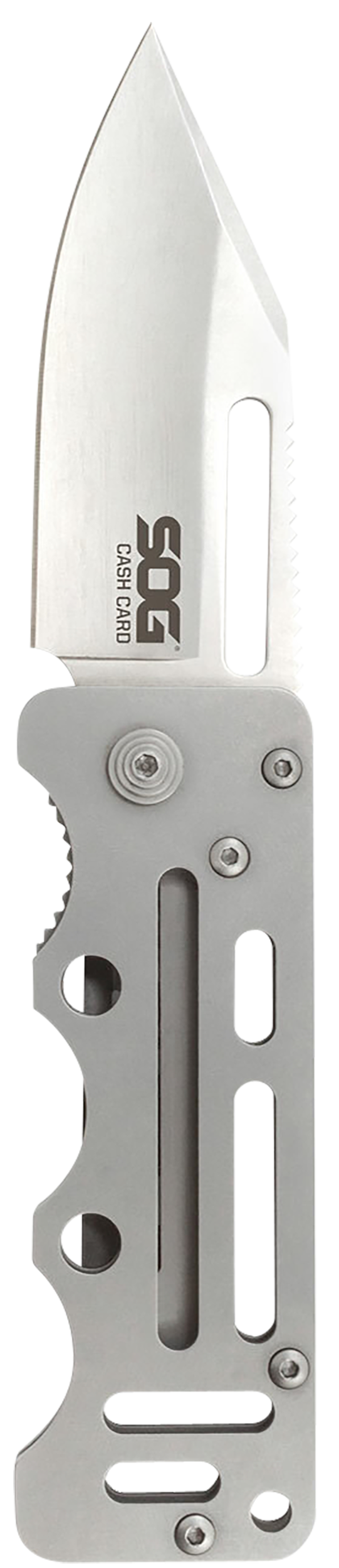 S.O.G Cash Card 2.75" Folding Plain Clip Point Satin 8Cr13MoV SS Silver Skeletonized Stainless Handle — view 2