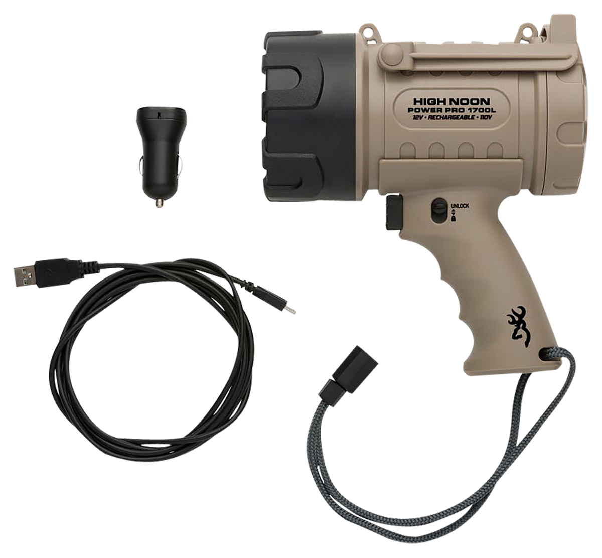 Browning High Noon Power Pro 1700 Lumen USB/12V Rechargeable LED Spotlight - Tan — view 2