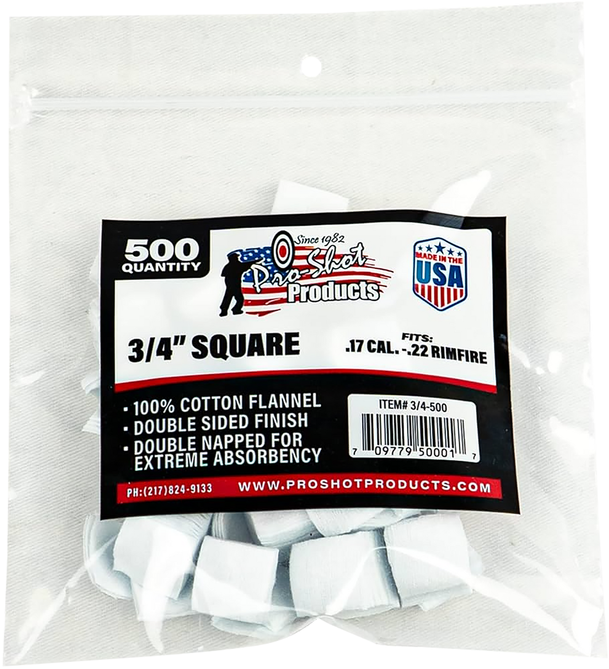 Pro-Shot 34500 Cleaning Patches .17/.177/.22 Cal 0.75" Square Cotton Flannel 500 Pack — view 2