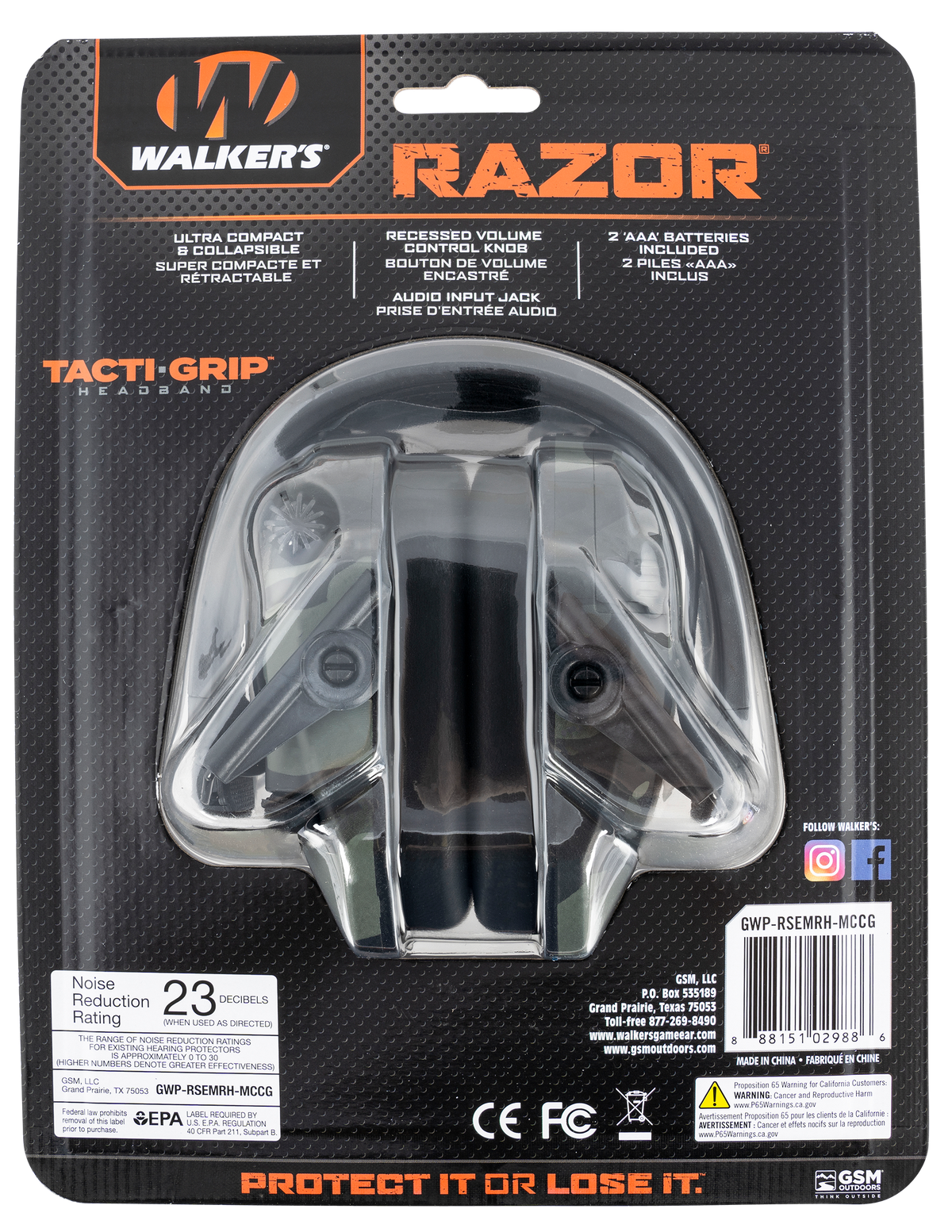 Walkers Game Ear Razor Tacti-Grip 23 dB Over the Head Gray MultiCam/Black Polymer Electronic Muff — view 2