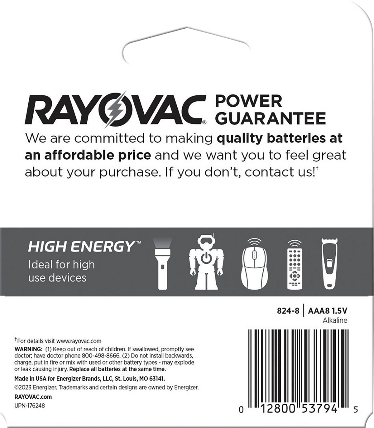 Rayovac High Energy AAA Alkaline Batteries 1.5V 1,123 mAh (8-Pack) - Silver / Blue — view 2