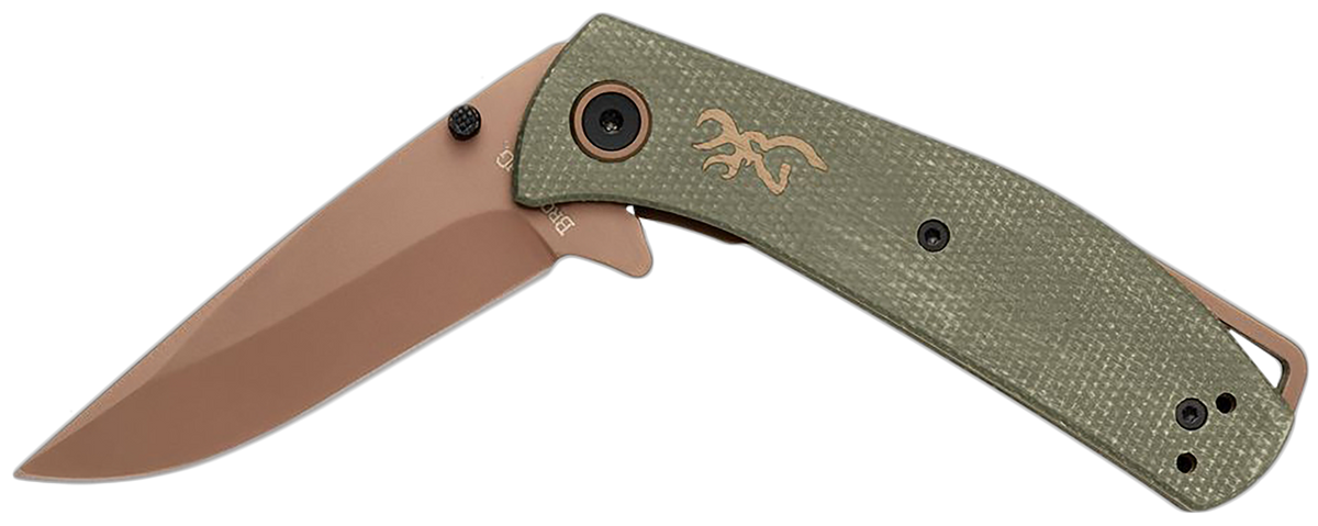 Browning Trailside EDC Small 3" Folding Modified Drop Point Plain D2 Titanium Finish - Green Micarta Handle — view 2
