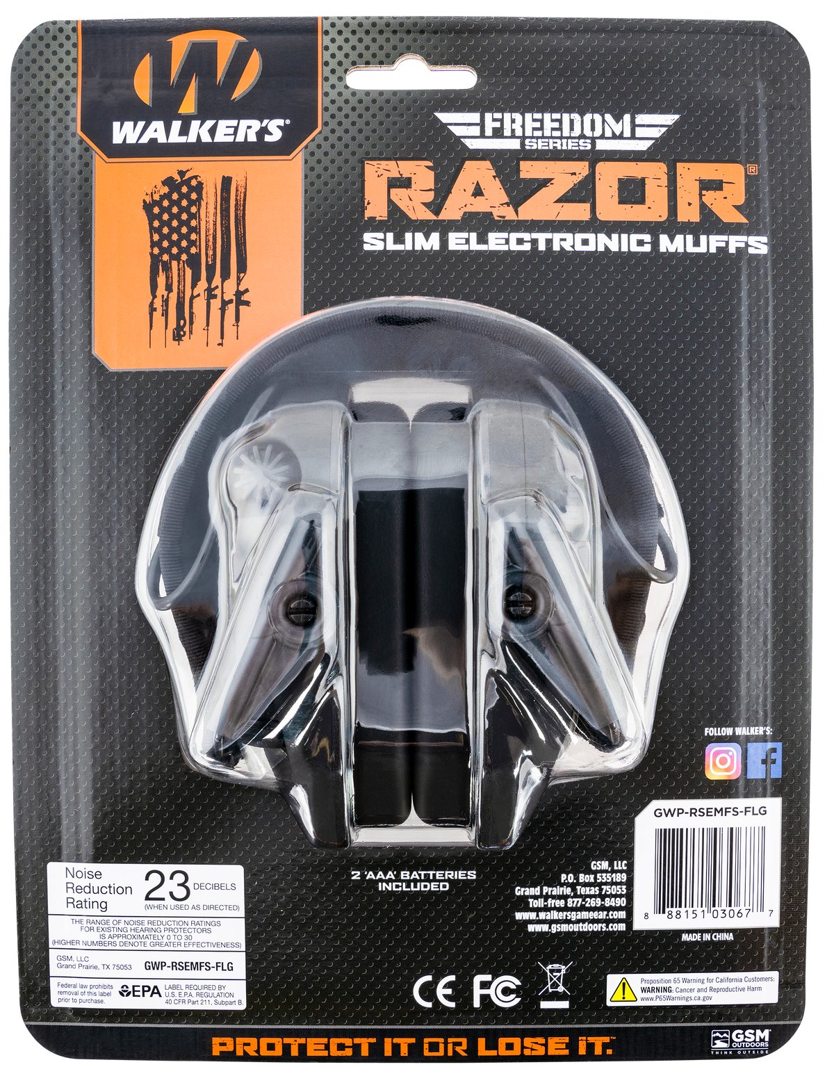 Walkers Game Ear Razor Slim Electronic Freedom Muff 23 dB Over the Head Black w/Distressed U.S Flag Polymer — view 2