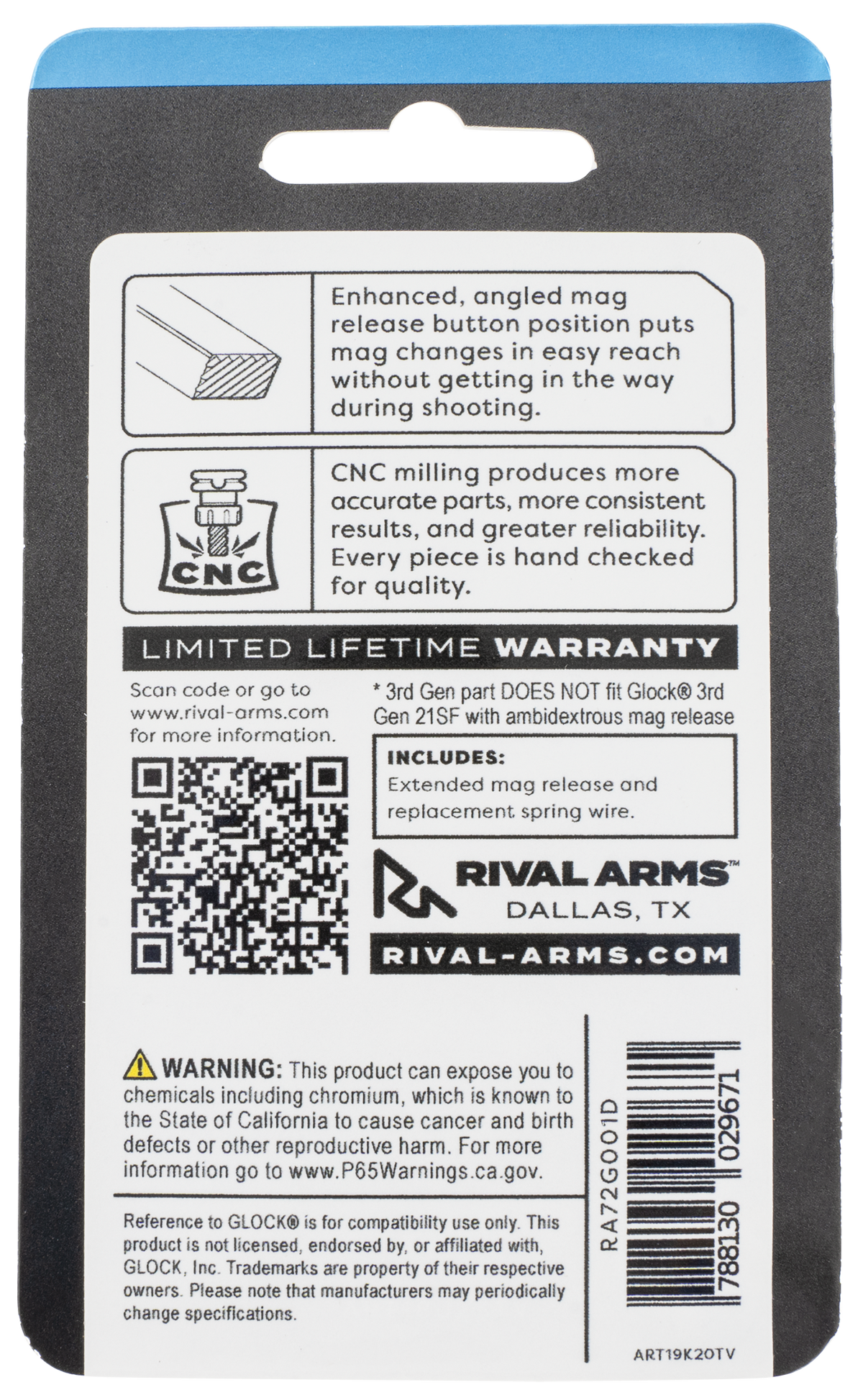 Rival Arms RA72G001D Magazine Release Fits Glock Gen3 (Except 21SF) Extended Silver Aluminum — view 2