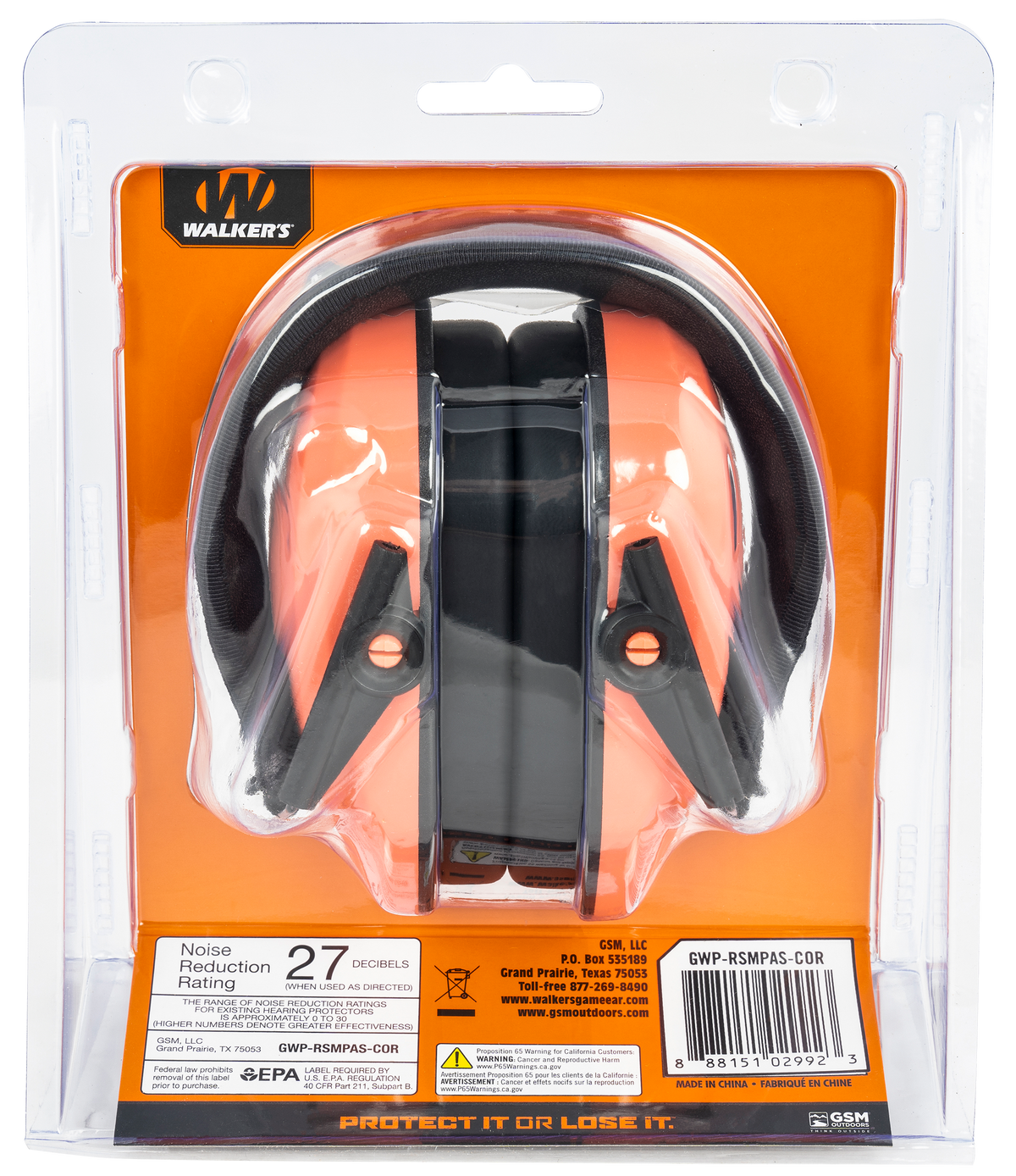Walkers Game Ear Razor Slim Passive Muff 27 dB Over the Head Coral/Black Polymer — view 2