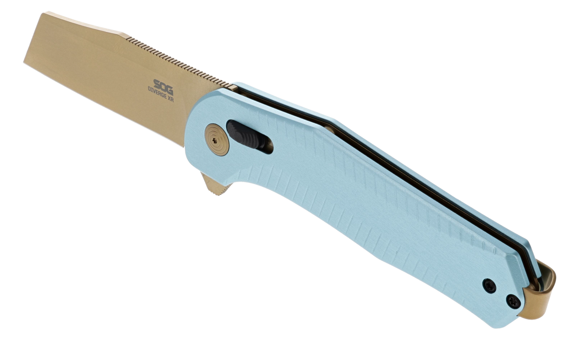 S.O.G Diverge XR 3" Folding Sheepsfoot Plain Edge D2 Steel Gold PVD Blade Light Blue Aluminum Handle — view 2