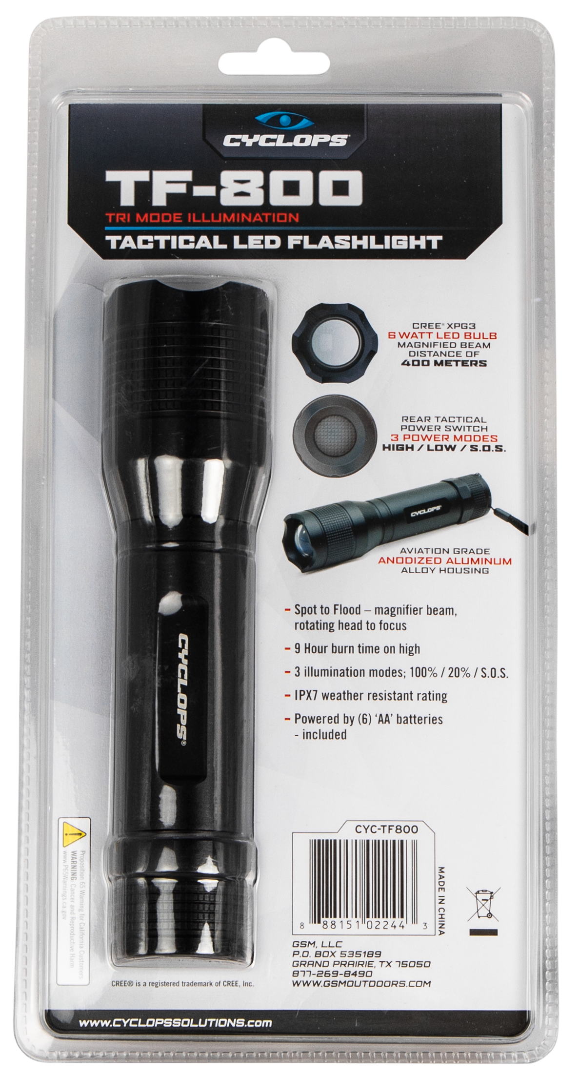 Cyclops TF-800 Tactical 800 Lumen Cree LED IPX7 Black Anodized Flashlight — view 2