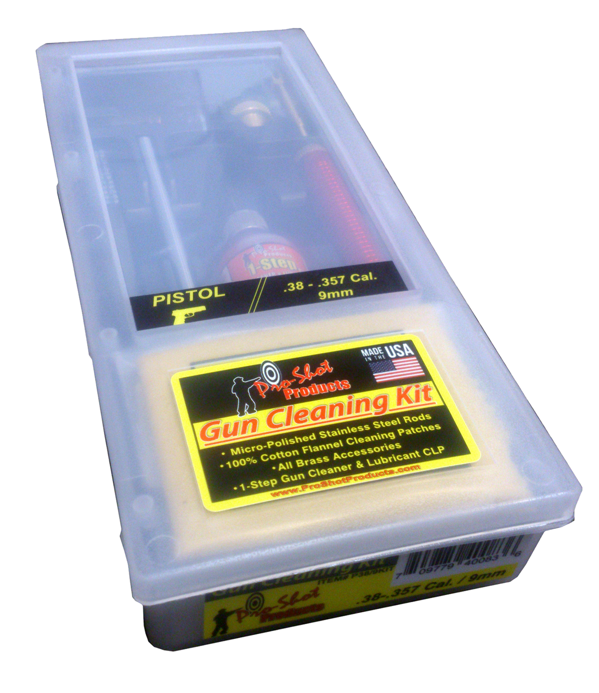 Pro-Shot P389KIT Classic Box Kit .38/.357/9mm Pistol Cleaning Kit - Yellow Plastic Case — view 2