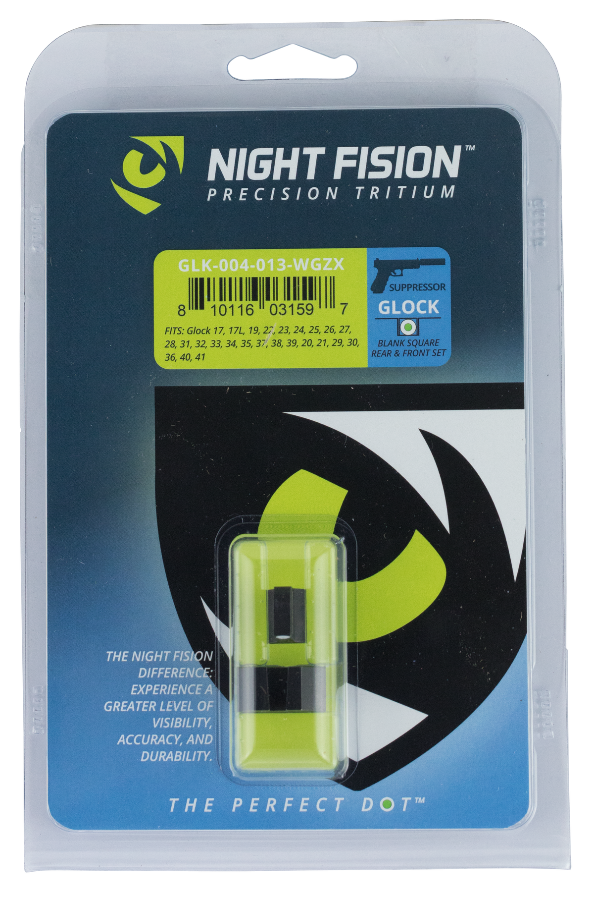 Night Fision GLK004013WGZ Suppressor Height Sights for Glock 17/17L/19 - Green Tritium White Outline Front / Black Rear — view 2