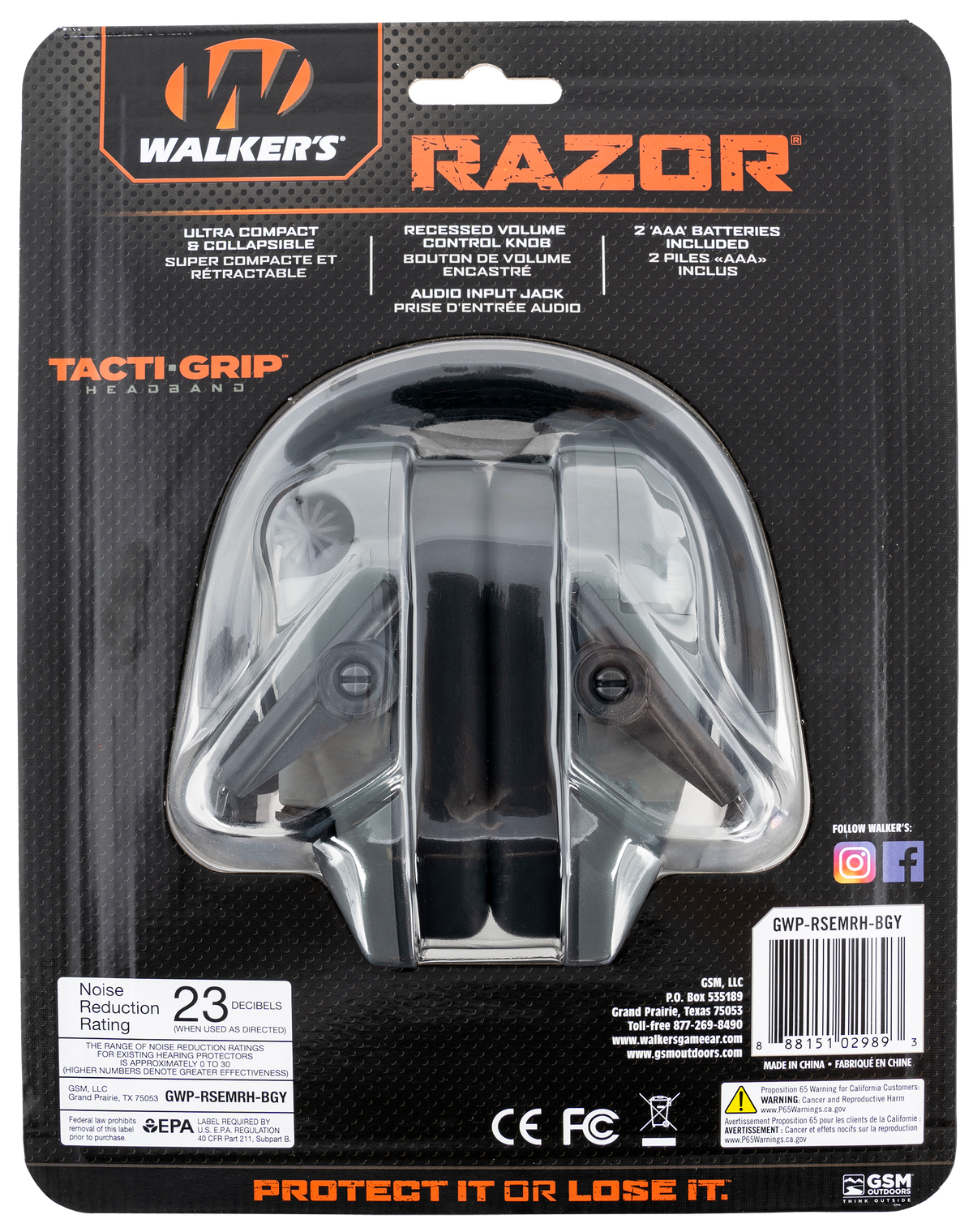 Walkers Game Ear Razor Tacti-Grip 23 dB Over the Head Electronic Earmuff - Battleship Gray/Black Polymer — view 2
