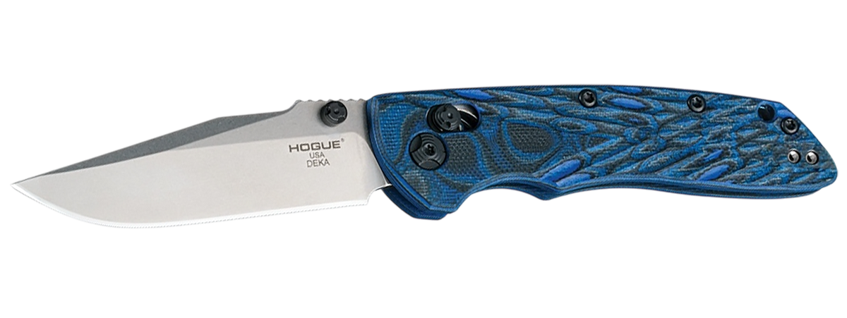 Hogue Deka 3.25" Folding Clip Point Plain Stone Tumbled CPM MagnaCut - G-Mascus Blue Aluminum/G10 — view 2