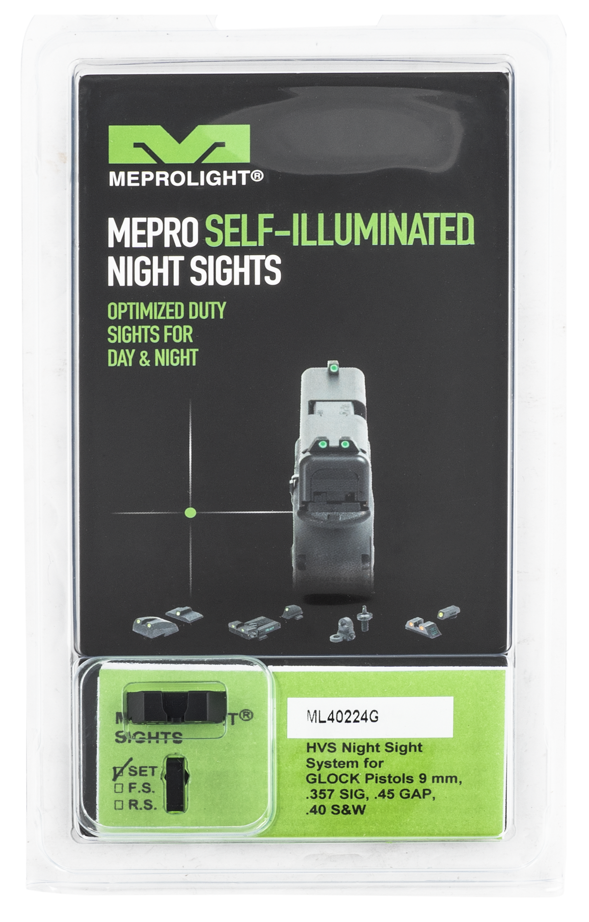 Meprolight Hyper-Bright Green Tritium Sight Set - Black Steel Frame - Compatible w/Glock 17/17L/19/22/23 — view 2
