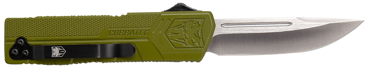 CobraTec Knives Lightweight 3.25" OTF Drop Point Plain D2 Steel OD Green Aluminum Handle — view 2