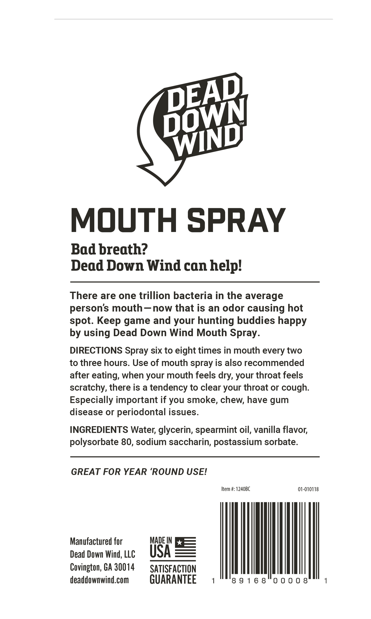 Dead Down Wind 1240BC Mouth Spray Odor Eliminator Mint Scent 2 oz — view 2
