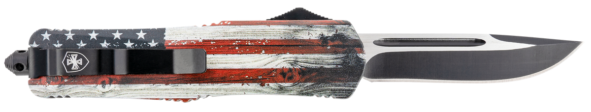 Templar Knife LWUS331 Gen II Wood US Flag Large 3.50" OTF Drop Point Plain Black Oxide Stonewashed 440C Aluminum Handle Glass Breaker — view 2