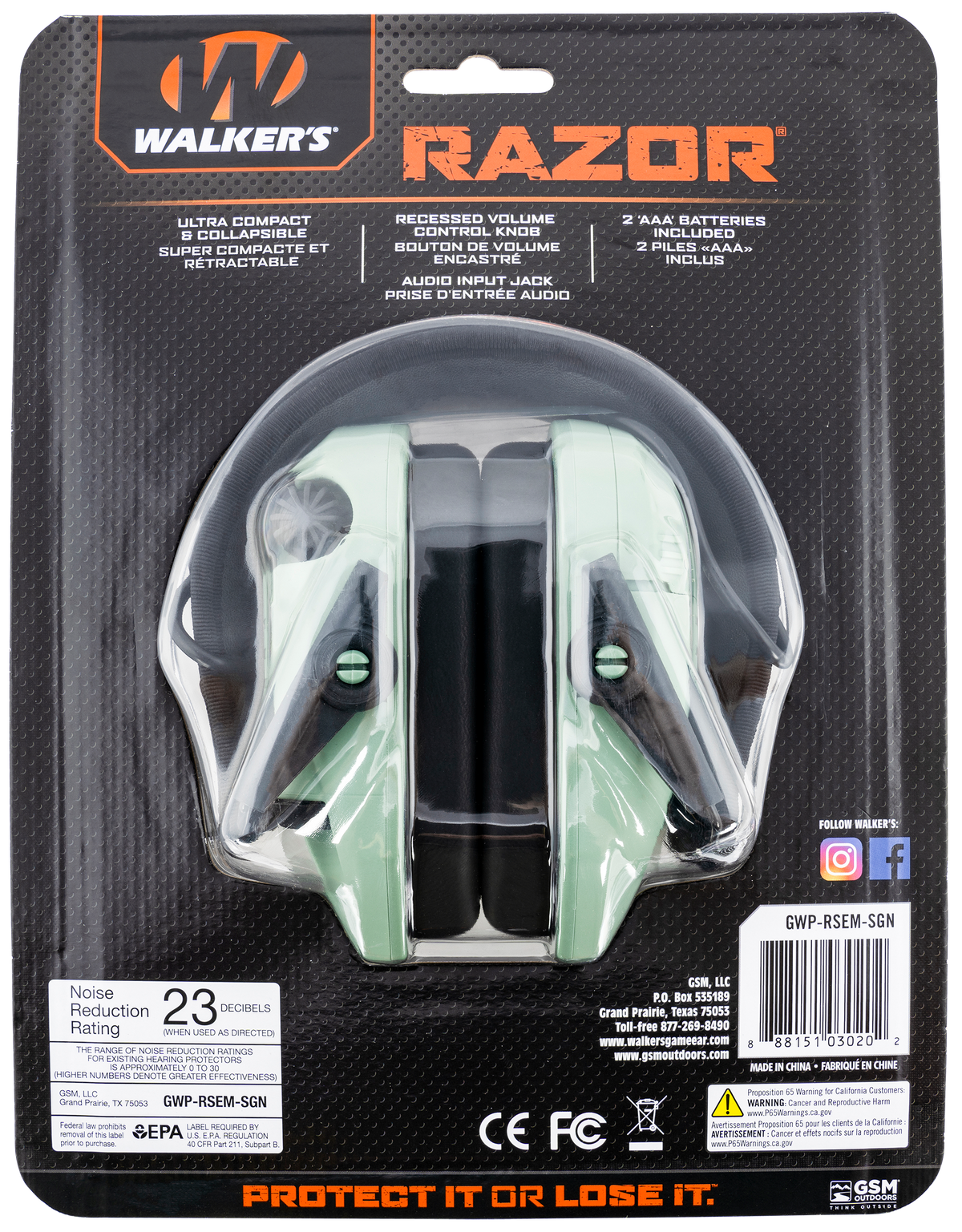 Walkers Game Ear Razor Slim Electronic Muff 23 dB Over the Head Sage Green/Black Polymer — view 2