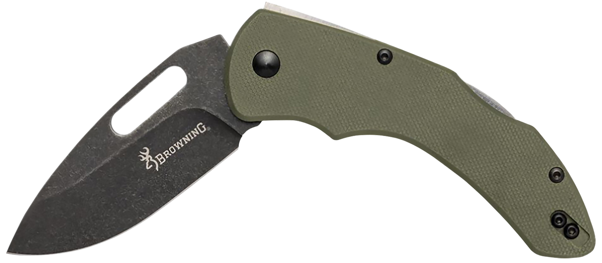 Browning Hidden Hollow EDC Large 3" Folding Drop Point Plain D2 Steel Blade OD Green G10 Handle — view 2