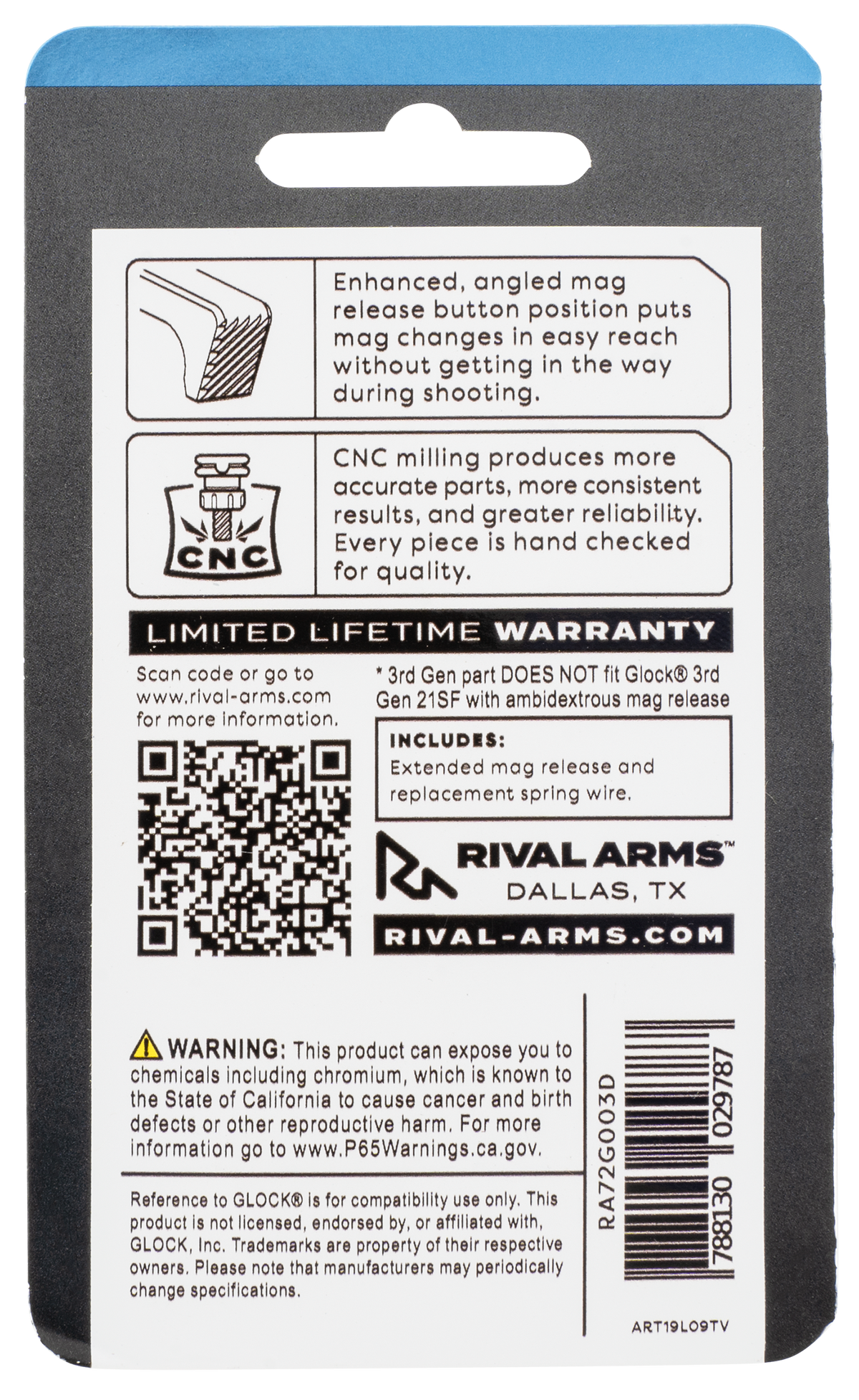 Rival Arms RA72G003D Extended Magazine Release Silver Aluminum for Glock 43 — view 2