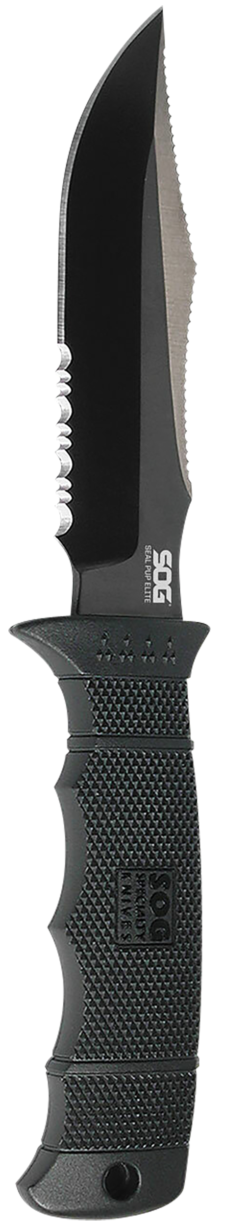 S.O.G Seal Pup Elite 4.85" Fixed Clip Point Part Serrated AUS-8A Black TiCN GRN Handle — view 2