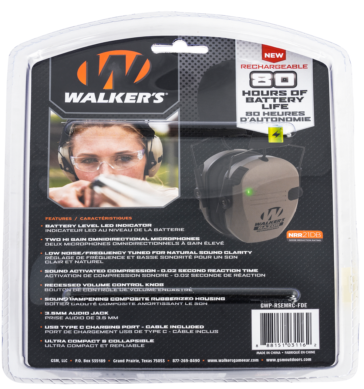 Walkers Game Ear Razor Rechargeable Electronic Muff 21 dB Over the Head Flat Dark Earth/Black Polymer — view 2