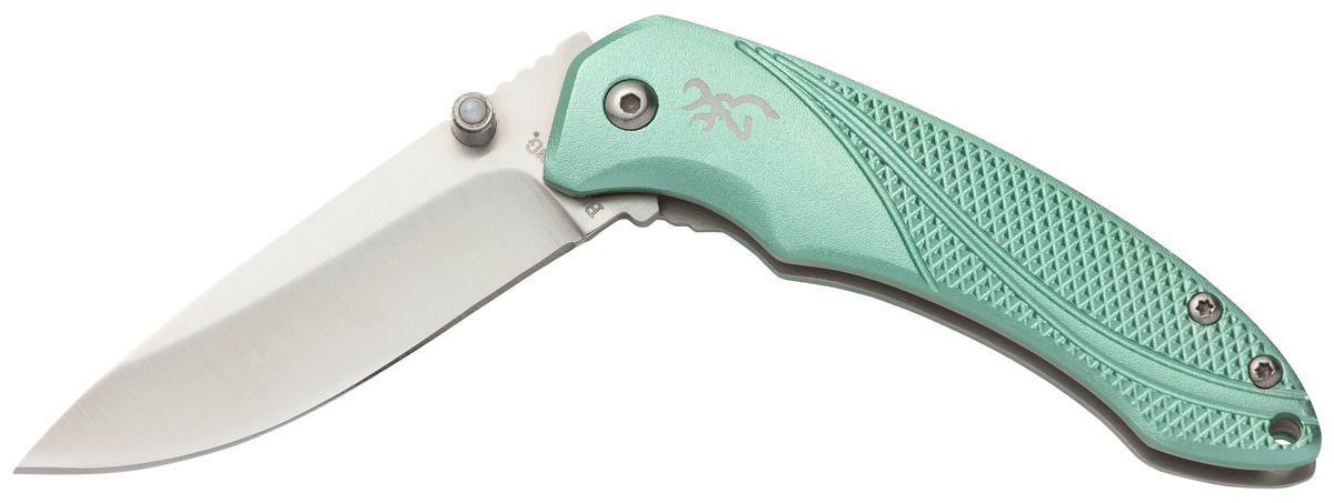 Browning Allure EDC 2.88" Folding Drop Point Plain 7Cr17MoV SS Pocket Knife - Mint Green Aluminum Handle — view 2