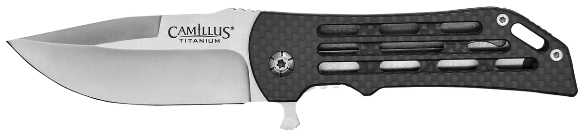 Camillus Dominator II 3" Folding Drop Point Plain Edge 420 Steel Titanium Bonded Knife - Silver Carbon Fiber/SS Handle — view 2