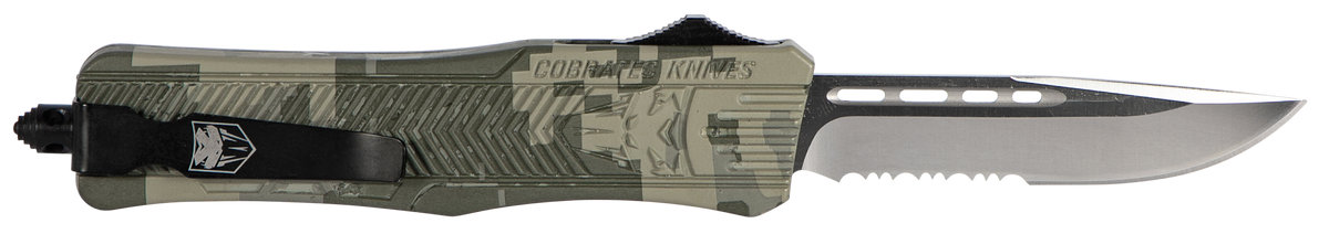 CobraTec Knives CTK-1 Medium 3" OTF Drop Point Part Serrated D2 Steel Army DigiCamo Aluminum Handle — view 2