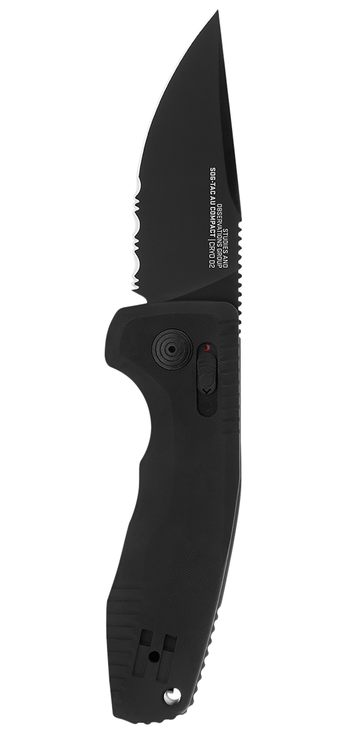 S.O.G SOG-TAC Auto Compact 2.94" Folding Straight Back Part Serrated Black TiNi Cryo D2 Black Aluminum Handle — view 2
