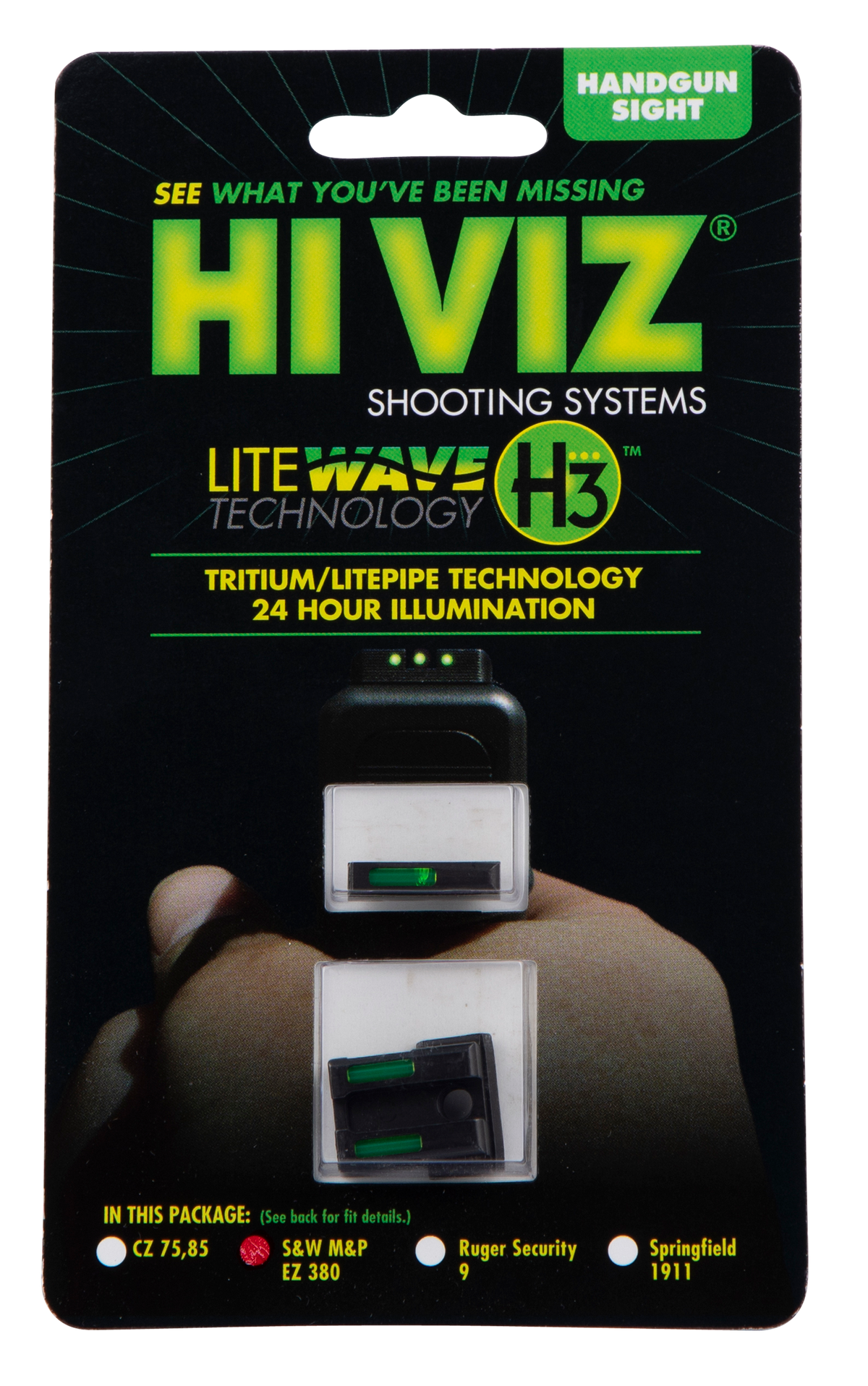 HiViz EZN321 LiteWave H3 Sight Set for S&W M&P 380 Shield EZ - Green Tritium Front/Green Fiber Optic Rear — view 2