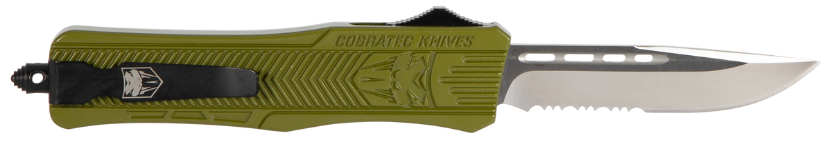 CobraTec Knives CTK-1 Medium 3" OTF Drop Point Part Serrated D2 Steel OD Green Aluminum Handle — view 2