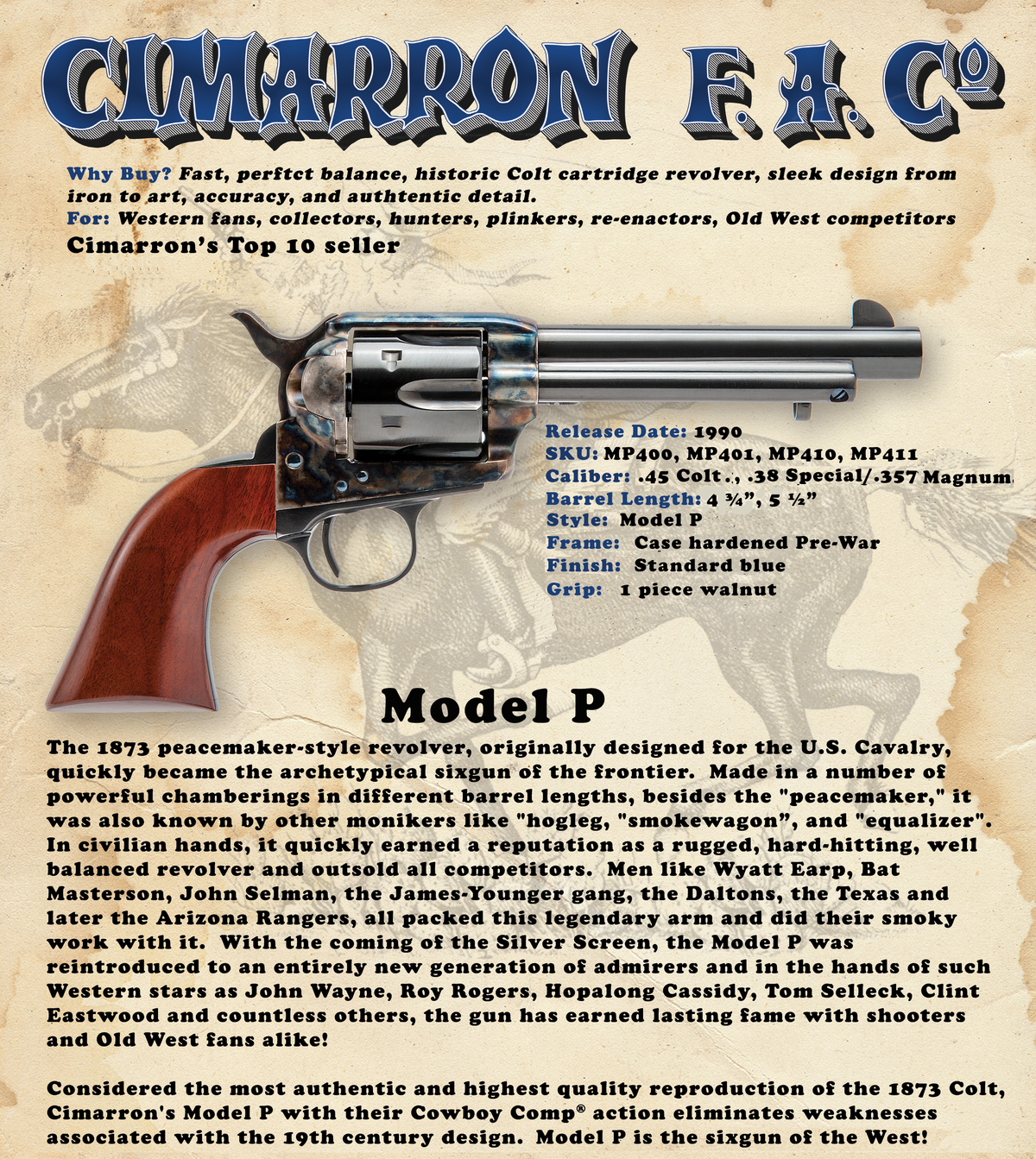 Cimarron MP400 Model P 357 Mag/38 Special 4.75" 6-Shot SAO Revolver - Pre-War Style — view 2