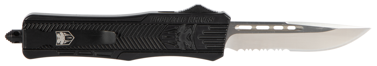 CobraTec Knives CTK-1 Medium 3" OTF Drop Point Part Serrated D2 Steel Black Aluminum Handle — view 2