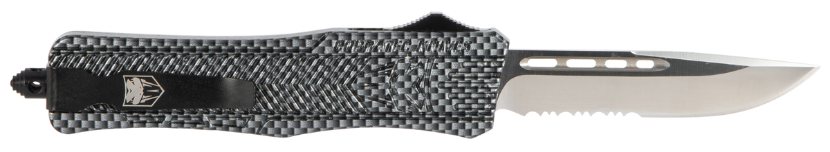 CobraTec Knives CTK-1 Medium 3" OTF Drop Point Part Serrated D2 Steel Carbon Fiber Aluminum Handle — view 2