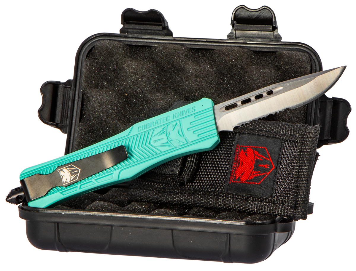 CobraTec Knives CTK-1 Small 2.75" OTF Drop Point Part Serrated D2 Steel Tiffany Blue Aluminum Handle — view 2