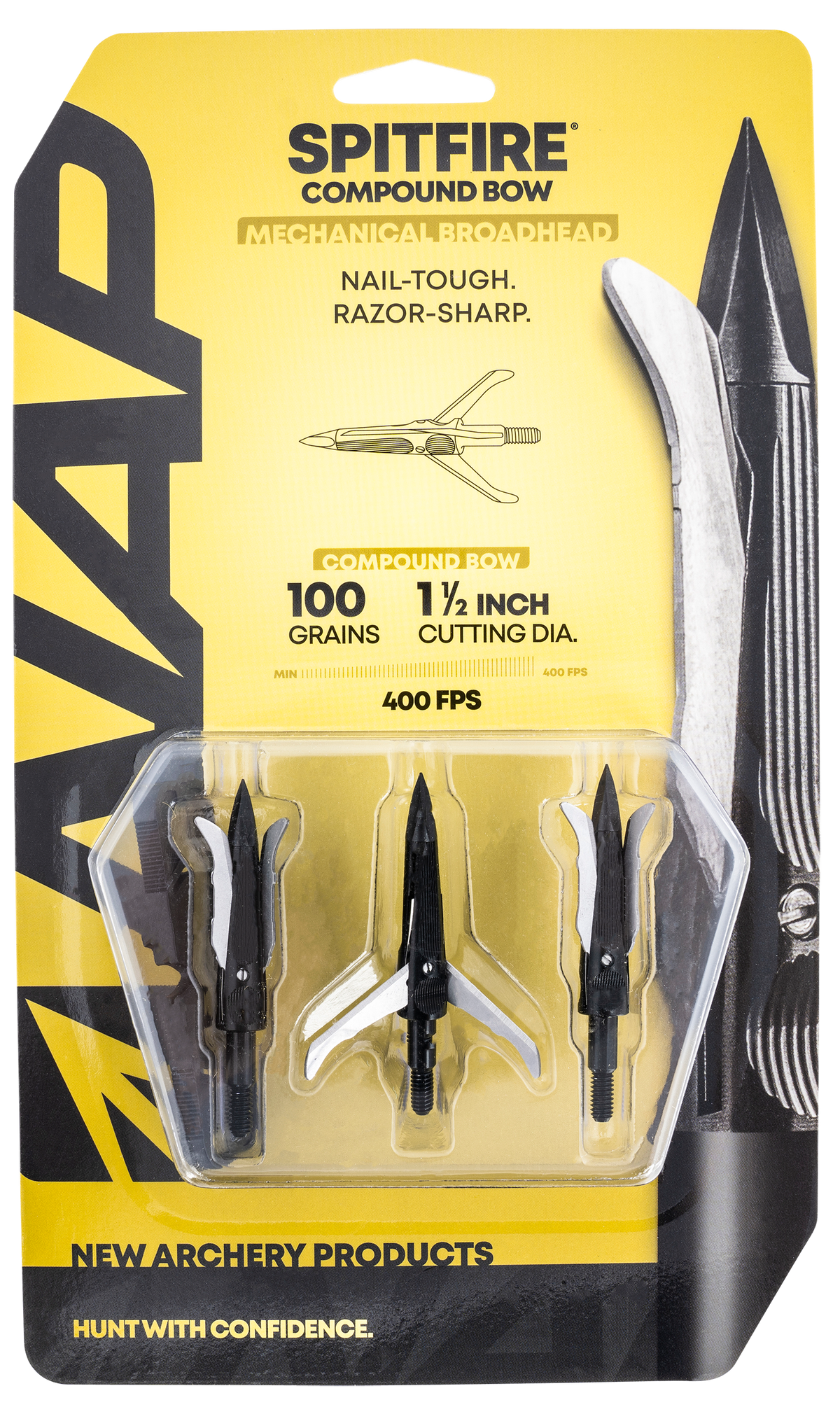 NAP Spitfire 100gr 3-Blade Mechanical Broadhead 1.5" Cut Silver/Black 3-Pack — view 2