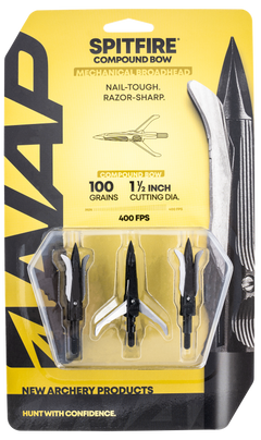 NAP Spitfire 100gr 3-Blade Mechanical Broadhead 1.5" Cut Silver/Black 3-Pack — view 2