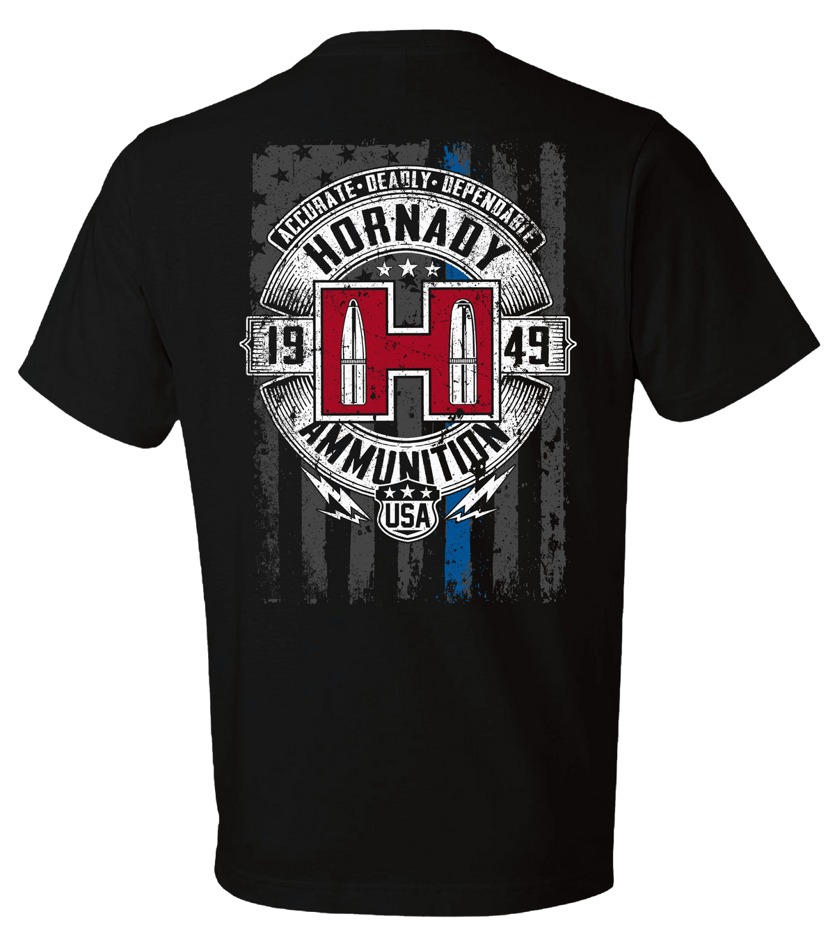 Horizon Design Hornady POW Blue Line Black Cotton Short Sleeve Semi-Fitted XL T-Shirt — view 2