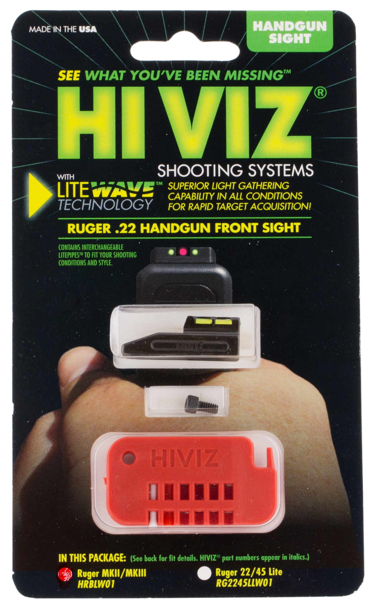 HiViz LiteWave HRBLW01 Front Sight Ruger MK I/II/III/IV Green Fiber Optic — view 2