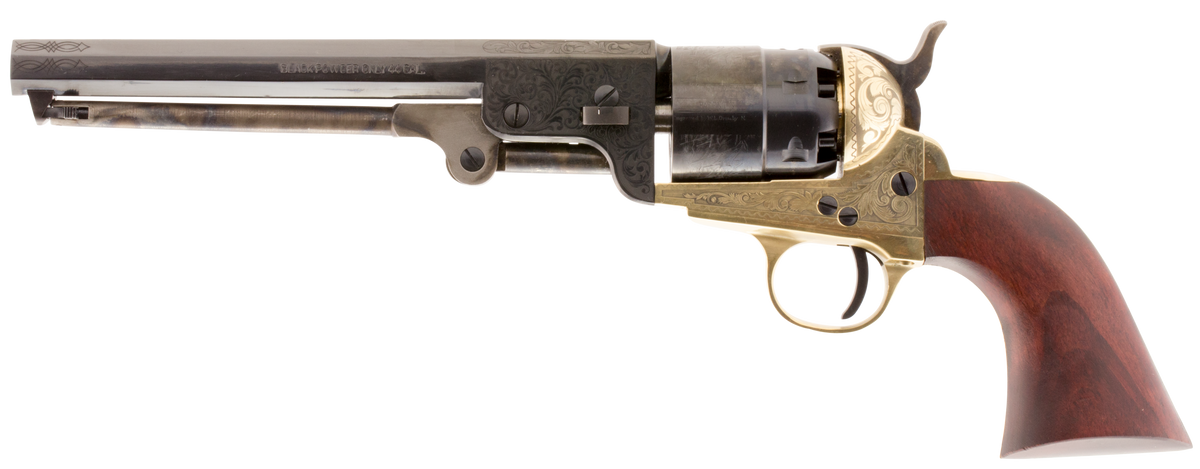 Traditions 1851 Navy Break-Open 44 Cal 7.50" 6-Shot Percussion Revolver - Brass Engraved Frame, Blued Cylinder, Walnut Grip — view 2