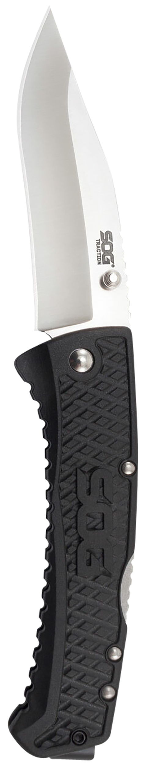 S.O.G Traction 3.50" Folding Clip Point Plain Satin 5Cr13MoV SS Blade Black GRN Handle — view 2