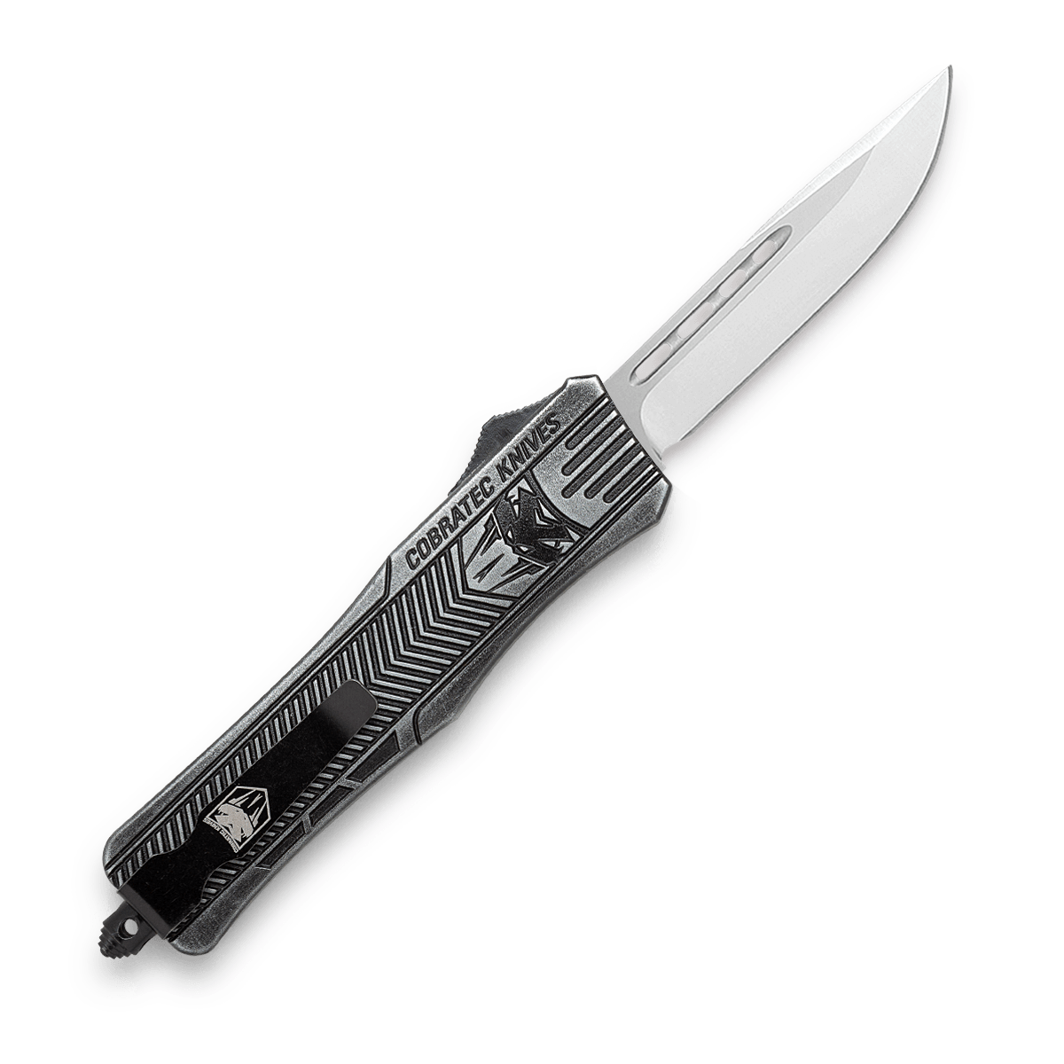 CobraTec Knives CTK-1 American Flag Medium 3" Drop Point Plain Stonewashed D2 Steel Black Aluminum Handle OTF — view 2
