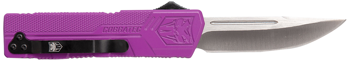 CobraTec Knives Lightweight 3.25" OTF Drop Point Plain D2 Steel Purple Aluminum Handle — view 2