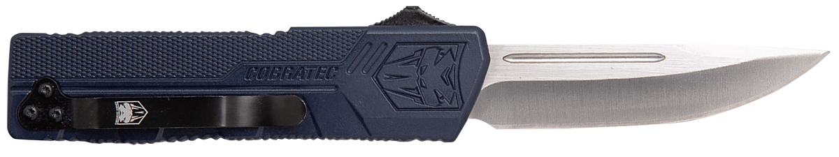 CobraTec Knives Lightweight 3.25" OTF Drop Point Plain D2 Steel NYPD Blue Aluminum Handle — view 2