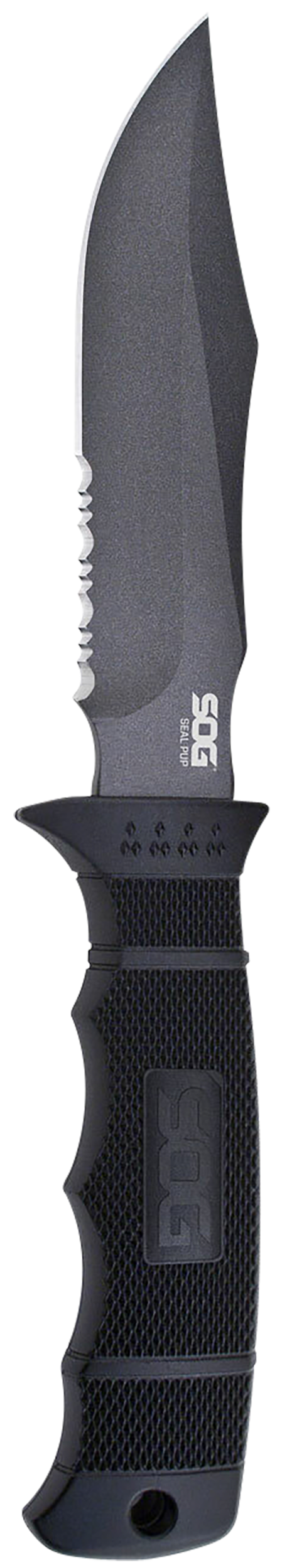 S.O.G Seal Pup 4.75" Fixed Clip Point Part Serrated AUS-8A SS Powder Coat Black GRN Handle — view 2
