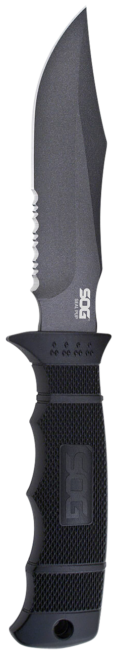 S.O.G Seal Pup 4.75" Fixed Clip Point Part Serrated AUS-8A SS Powder Coat Black GRN Handle — view 2