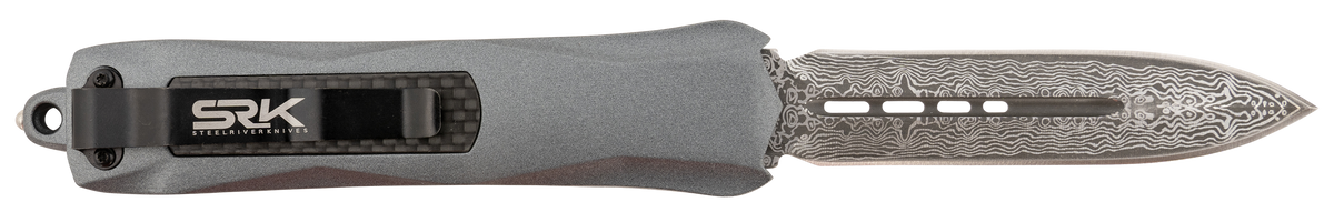 Steel River Knives Spartan 3.5" OTF Dagger Damascus 440C SS Plain Edge Gray Aluminum Handle — view 2