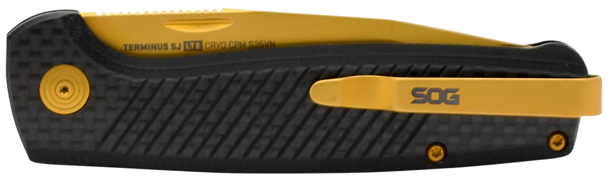 S.O.G Terminus SJ LTE 2.90" Folding Plain Gold TiNi S35VN Blade Graphite Textured G10 Handle — view 3