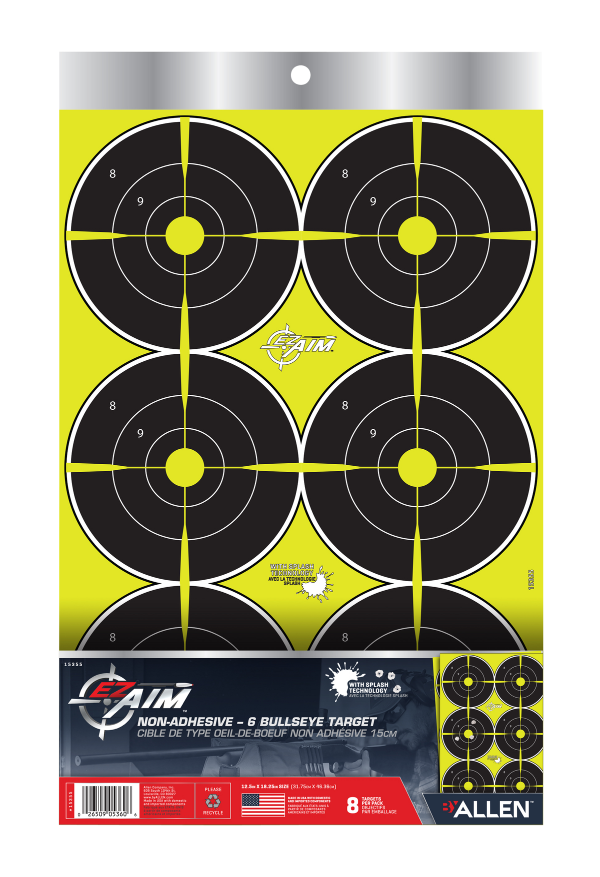 EZ-Aim 15355 Splash Reactive Bullseye Hanging Paper Target 12" x 18" Black/Yellow 8 Pack — view 3
