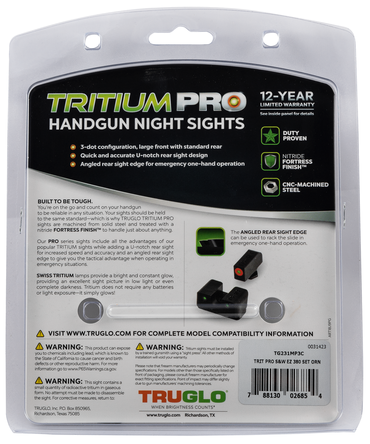 TruGlo Tritium Pro S&W 380 Shield EZ Green Tritium Night Sight Set - Black Nitride — view 3