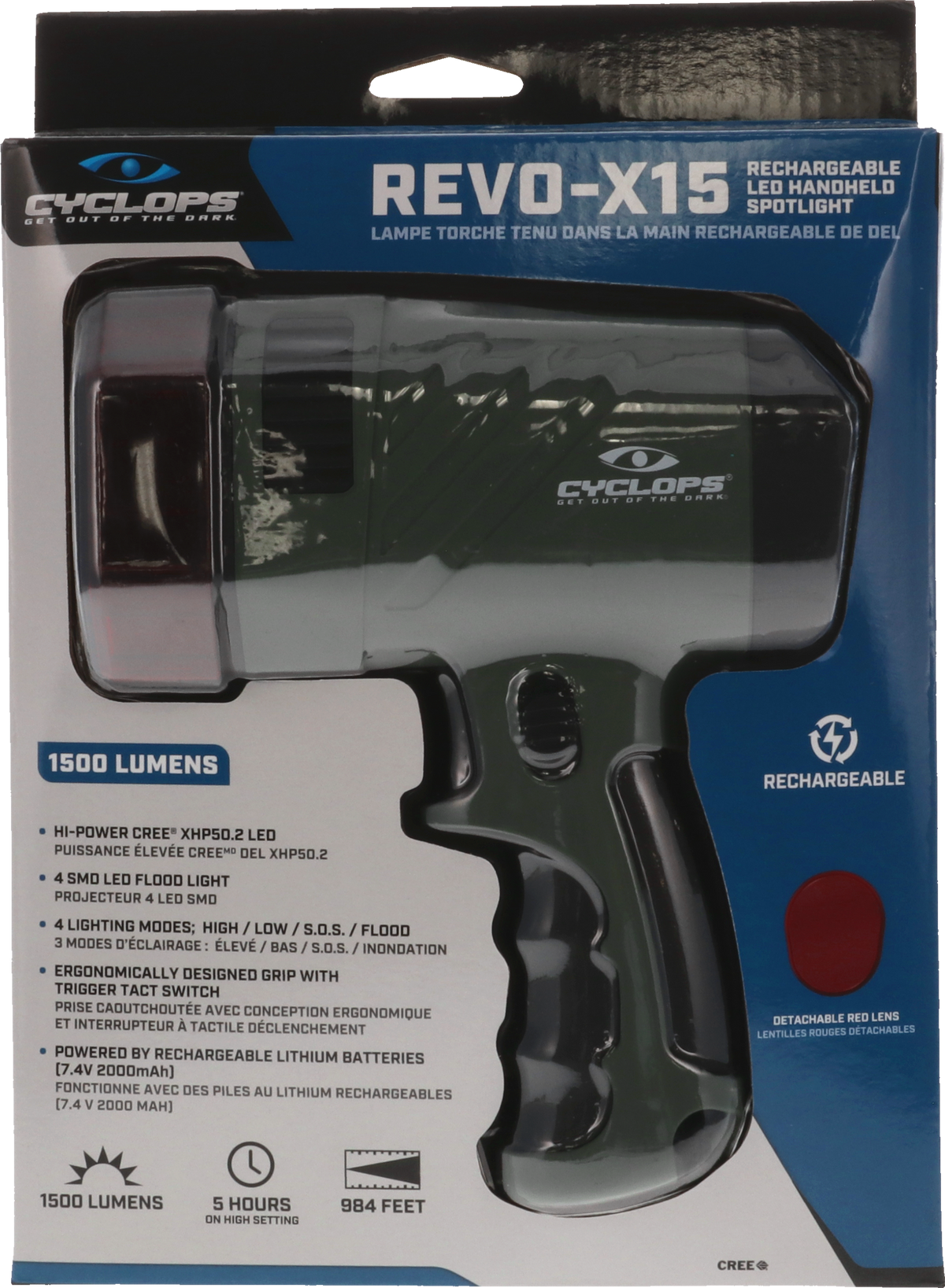Cyclops REVO X-15 1500 Lumen Rechargeable Handheld Spotlight - Clear/Red Filter — view 3